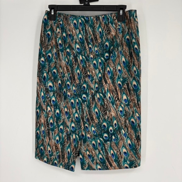 Talbots Pencil Skirt 4 Teal Peacock Feather Print Knee Length Lined Career - Picture 3 of 9